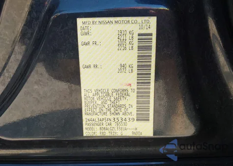 2015 Nissan Altima 2.5 S z USA, uszkodzony, nr VIN 1N4AL3AP5FN353439